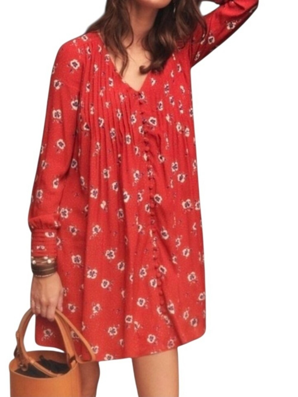 Sézane Joe dress in red floral print long sleeves button-front design Size 38/6 - Picture 3 of 16